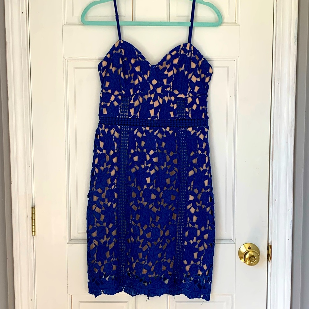 Lulus Royal Blue and Tan Lace Dress
